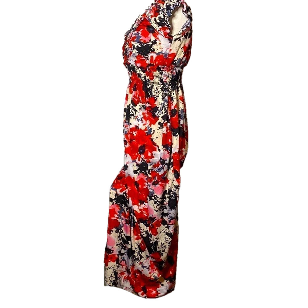 🌷 Impress🌷 Long Red, White, & Black Floral Print Maxi Dress - Picture 13 of 16